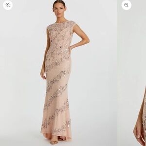 Mac Duggal 5500 Nude Silver Pink Bateau Neck Cap Sleeve Column Gown Size 8